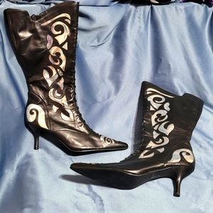 LEATHER HIGH HEEL BOOTS 11 W BLACK & SILVER SHELLY LYNN